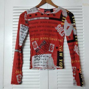 DKNY Jeans Sheer Graphic LS Top Red Small